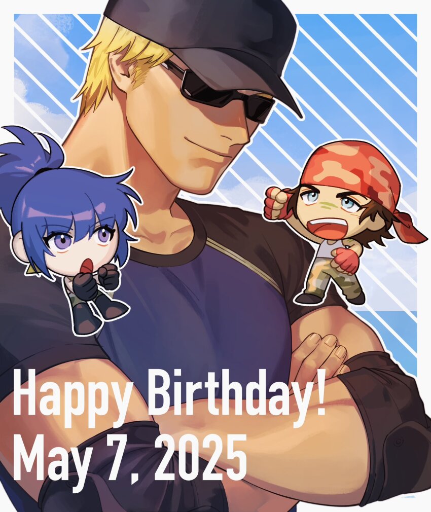 00a3af_231, 1girl, 2boys, bandana, baseball_cap, birthday, black_gloves, black_hair