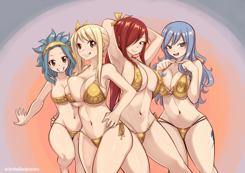 4girls, absurdres, armpits, arms_up, asymmetrical_docking, bikini, blonde_hair, blue_hair, breast_press, breasts, brown_eyes, character_print, choker, collarbone, commentary, english_commentary, erza_scarlet, fairy_tail, flame_print, gold_bikini, gold_hairband, golden_week, gray_fullbuster, grey_eyes, grin, hair_over_one_eye, hairband, high_ponytail, highres, index_fingers_together, joshdinobarney, juvia_lockser, large_breasts, leg_tattoo, levy_mcgarden, looking_at_viewer, lucy_heartfilia, medium_breasts, multiple_girls, navel, ponytail, print_bikini, red_hair, side_ponytail, smile, stomach, swimsuit, tattoo, yellow_eyes