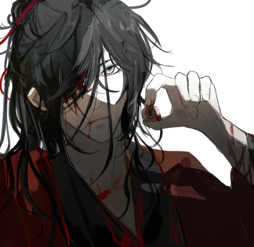 1boy, aaawwwssslll, bishounen, black_hair, black_hanfu, blood, blood_from_mouth, blood_on_arm