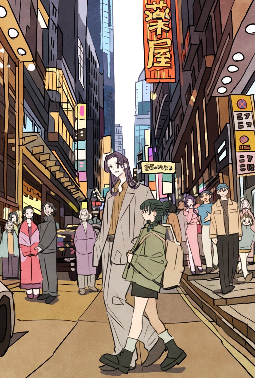 bag, black_pants, black_shoes, blue_hat, blue_shirt, braid, braided_twintails, brown_hair, brown_shirt, city, commentary_request, dress, full_body, gaoshun_(kusuriya_no_hitorigoto), green_hair, green_jacket, grey_hair, hair_between_eyes, hair_bun, half_updo, hat, highres, jacket, jinshi_(kusuriya_no_hitorigoto), kusuriya_no_hitorigoto, lahan_(kusuriya_no_hitorigoto), lihaku_(kusuriya_no_hitorigoto), long_hair, luomen_(kusuriya_no_hitorigoto), madam_(kusuriya_no_hitorigoto), maomao_(kusuriya_no_hitorigoto), old, old_woman, outdoors, pants, pink_dress, profile, purple_hair, shirt, shoes, shoulder_bag, sidelocks, smile, suiren_(kusuriya_no_hitorigoto), t-shirt, takeuchi_ryousuke, xiaolan_(kusuriya_no_hitorigoto)