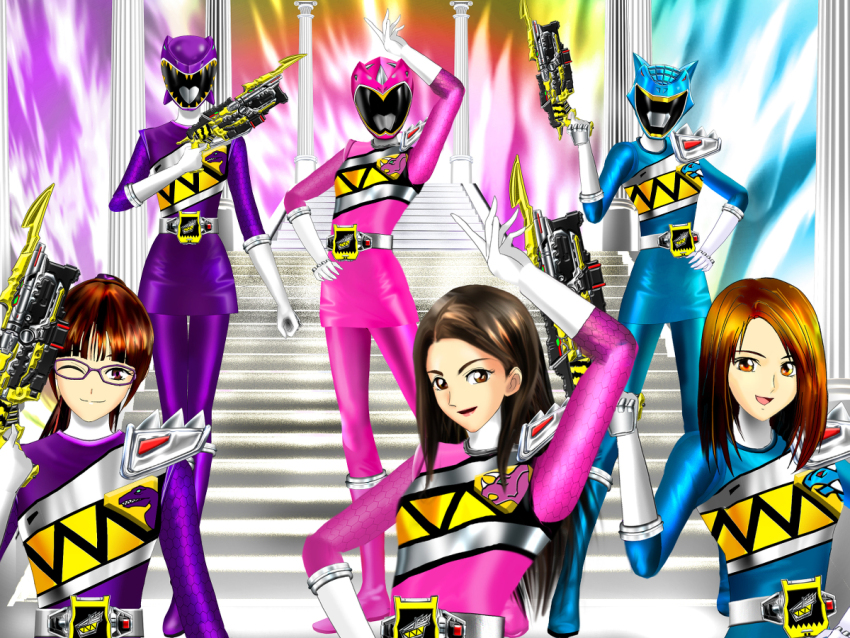 3girls, amy_yuzuki, black_hair, brown_eyes, brown_hair, fukui_yuko, glasses, henshin_belt, kyoryu_cyan, kyoryu_pink, kyoryu_purple, long_hair, luna_rune, multiple_girls, orange_eyes, super_sentai, yayoi_ulshade, yuko_fukui, zyuden_sentai_kyoryuger