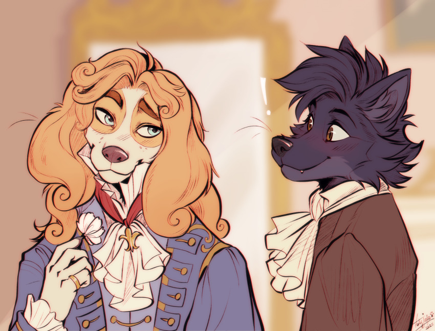 !, 2boys, animal_ears, artist_name, augustin_prosper_de_belfort_(belfort_and_lupin), belfort_and_lupin, black_coat, blue_coat, blush, closed_mouth, coat, commentary, dated, dog_boy, dog_ears, fang, fang_out, fleur-de-lis, flower, furry, furry_male, highres, looking_at_another, lupin_(belfort_and_lupin), male_focus, multiple_boys, signature, sitting, smile, tatujapa, whiskers, wolf_boy, wolf_ears