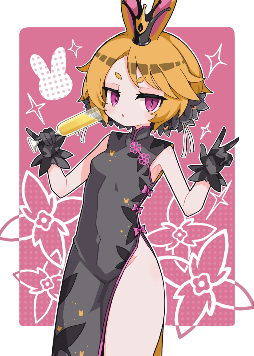 1girl, animal_ears, black_dress, black_rabbit_usa, blonde_hair, blush, breasts, bright_pupils, china_dress, chinese_clothes, commentary, covered_navel, cowboy_shot, crown, cup, disgaea, dress, drinking_glass, hands_up, highres, holding, holding_cup, looking_at_viewer, parted_bangs, parted_lips, pink_background, pink_eyes, rabbit_ears, short_hair, sleeveless, sleeveless_dress, small_breasts, solo, suaman, thick_eyebrows, usalia_(disgaea), white_background