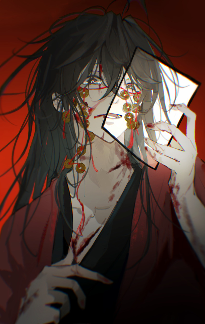 1boy, aaawwwssslll, absurdres, black_eyes, black_hair, black_hanfu, blood, blood_on_arm