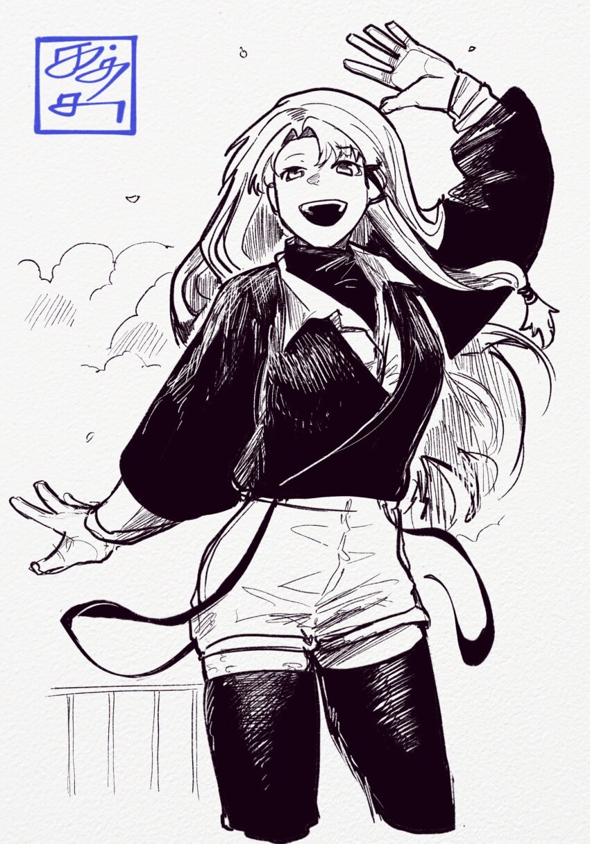 black_thighhighs, genderswap, genderswap_(mtf), hair_ornament, hand_up, highres, kagurabachi, katsutacle