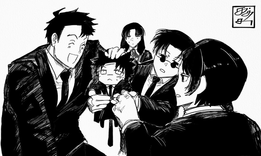 black_coat, black_hair, chibi, coat, group_picture, hair_ornament, highres, kagurabachi, katsutacle, male_focus, masumi_moku, masumi_rou, masumi_sumi, multiple_boys, non-web_source, rokuhira_chihiro, samura_iori, scar, scar_on_face