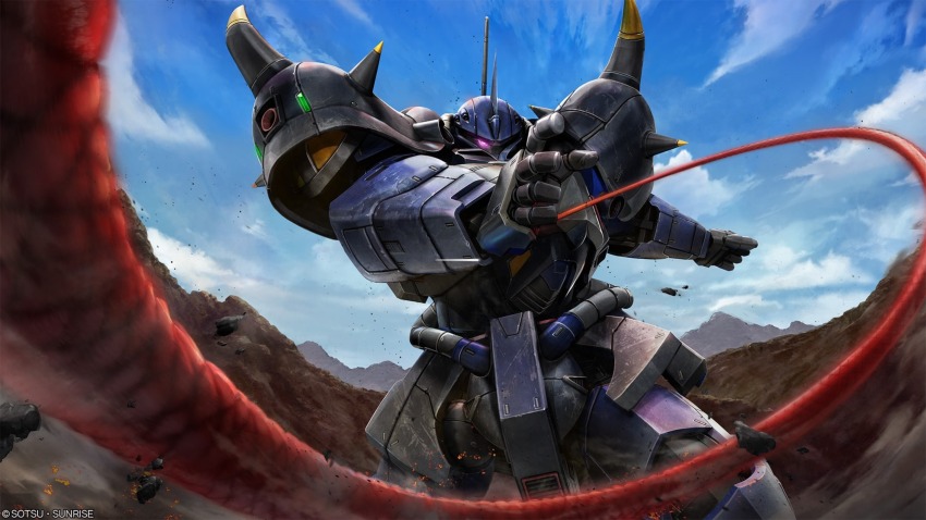 absurdres, battle, cable, cloud, company_name, copyright_notice, damaged, debris, dirty, duel, dust, gouf, gundam, gundam_battle_operation_2, gundam_f91_formula_report_0122, highres, machinery, mecha, mecha_focus, mobile_suit, mobile_suit_gundam, mountainous_horizon, no_humans, official_art, one-eyed, painting_(medium), pink_eyes, radio_antenna, realistic, rf_gouf, robot, scan, science_fiction, shoulder_spikes, solo, spikes, sunrise_(company), tenjin_hidetaka, traditional_media, zeon