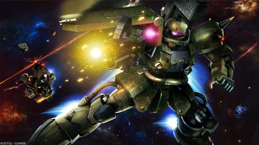 battle, beam_cannon, cable, company_name, copyright_notice, damaged, debris, dirty, energy_beam, gun, gundam, gundam_battle_operation_2, gundam_f91_formula_report_0122, highres, holding, holding_weapon, machine_gun, machinery, mecha, mecha_focus, mobile_suit, nebula, neo_zeon, no_humans, official_art, one-eyed, painting_(medium), pink_eyes, realistic, rf_zaku, robot, scan, science_fiction, scope, shield, shoulder_spikes, space, spikes, star_(sky), sunrise_(company), tenjin_hidetaka, thrusters, traditional_media, vernier_thrusters, weapon, zaku_ii, zero_gravity