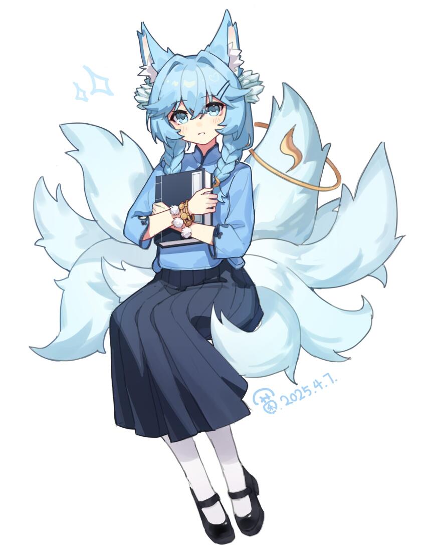 1girl, absurdres, animal_ear_fluff, animal_ears, bad_source, black_skirt, blue_eyes, blue_hair