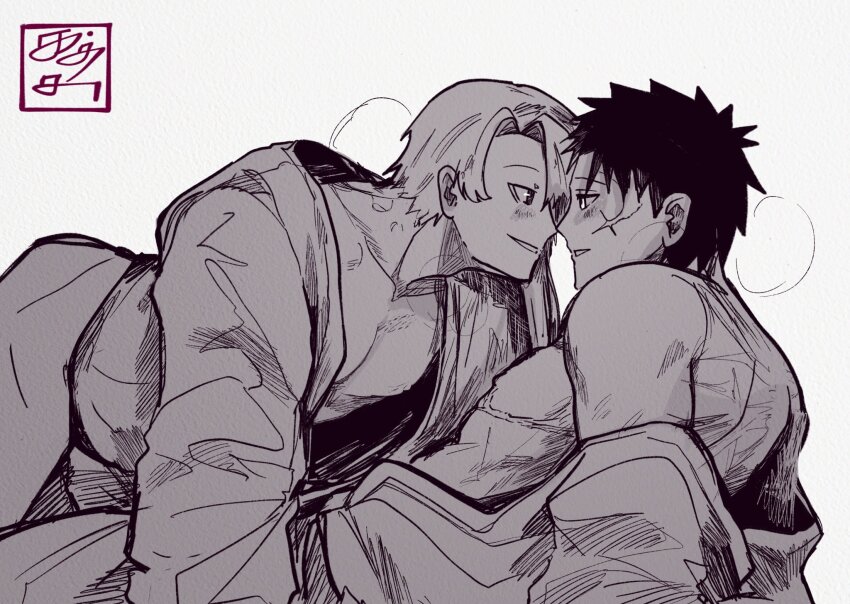 2boys, bad_link, bad_twitter_link, bathrobe, black_hair, blush, highres, imminent_kiss, kagurabachi, katsutacle, looking_at_another, male_focus, multiple_boys, rokuhira_chihiro, sazanami_hakuri, scar, scar_on_face, short_hair, simple_background, white_background, white_hair, yaoi