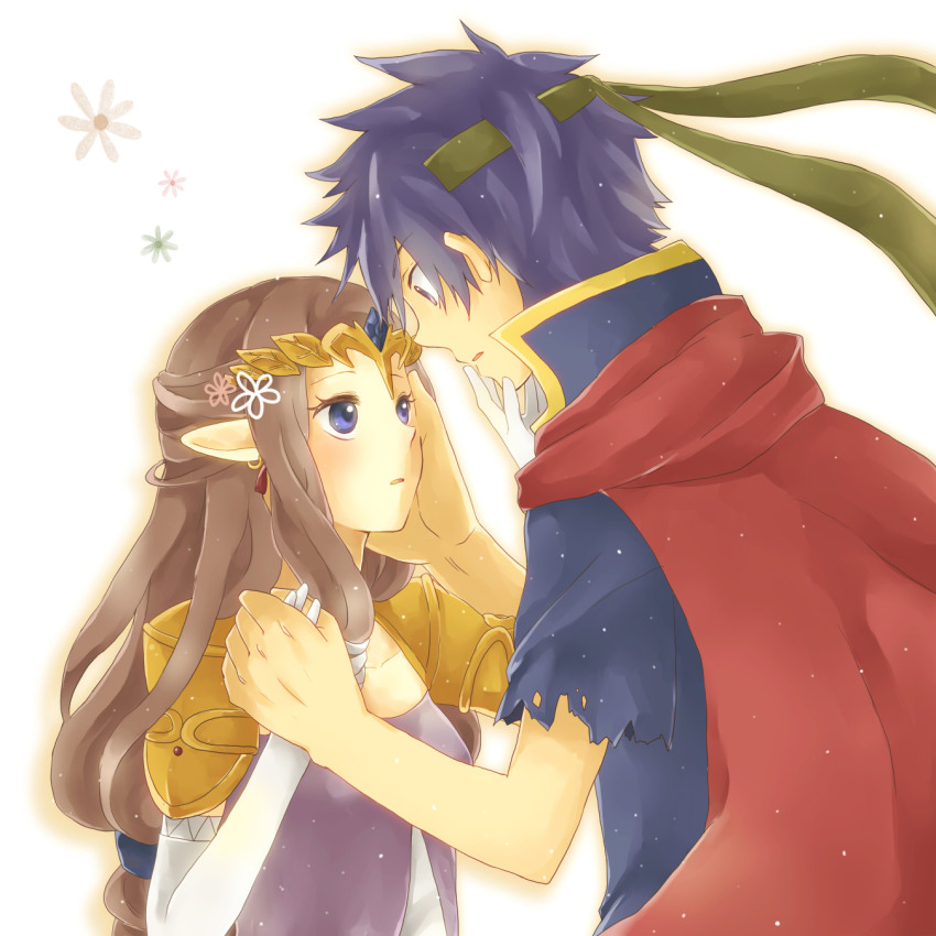 1boy, 1girl, blue_eyes, blue_hair, blush, brown_hair, cape, couple