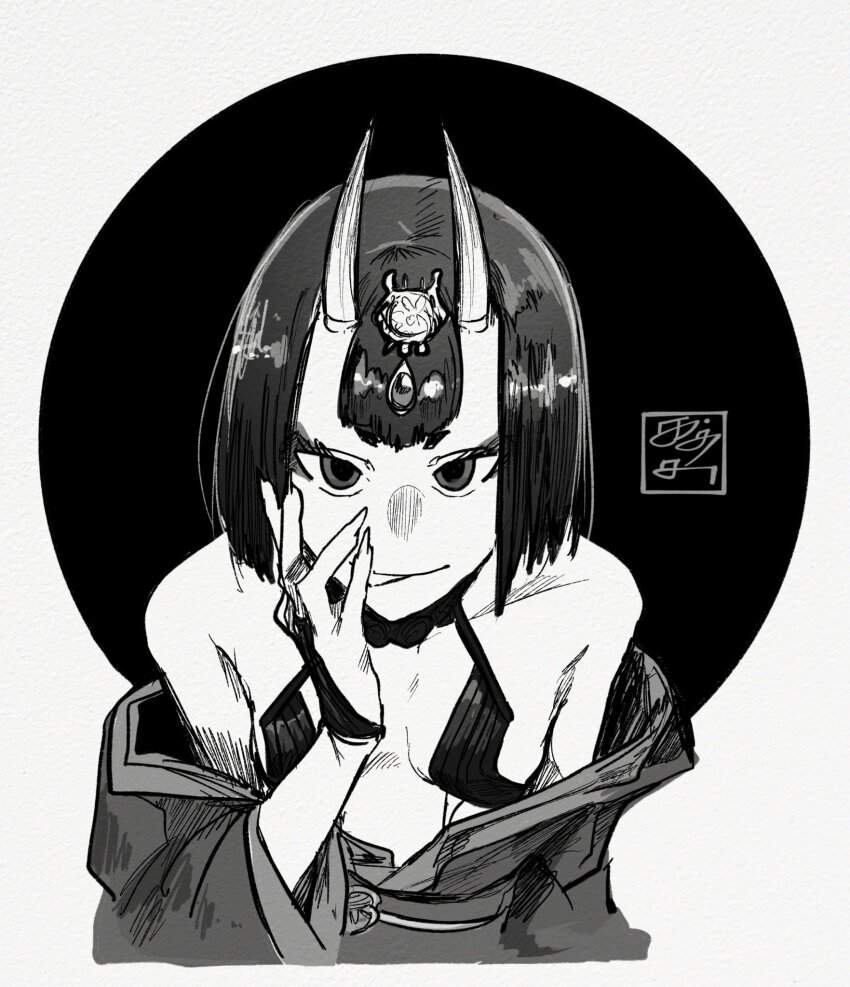 bad_link, bad_twitter_link, black_hair, black_kimono, bra, breasts, demon_horns, fate/grand_order, fate_(series), highres, horns, japanese_clothes, katsutacle, kimono, licking_lips, open_clothes, open_kimono, shuten_douji_(fate), simple_background, small_breasts, solo, solo_focus, tongue, tongue_out, underwear