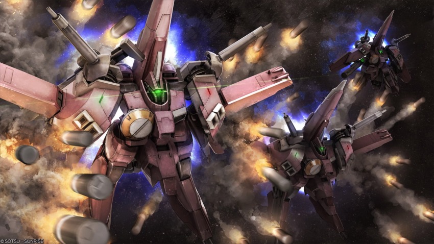 absurdres, battle, beam_cannon, contrail, copyright_logo, firing, fleet, gaza-e, glowing, glowing_eye, gundam, gundam_battle_operation_2, gundam_sentinel, highres, itano_circus, lens_flare, logo, machinery, mecha, mecha_focus, missile, mobile_suit, motion_blur, neo_zeon, no_humans, official_art, one-eyed, radar_dish, radome, realistic, robot, scan, science_fiction, sunrise_(company), tenjin_hidetaka, thrusters, zero_gravity