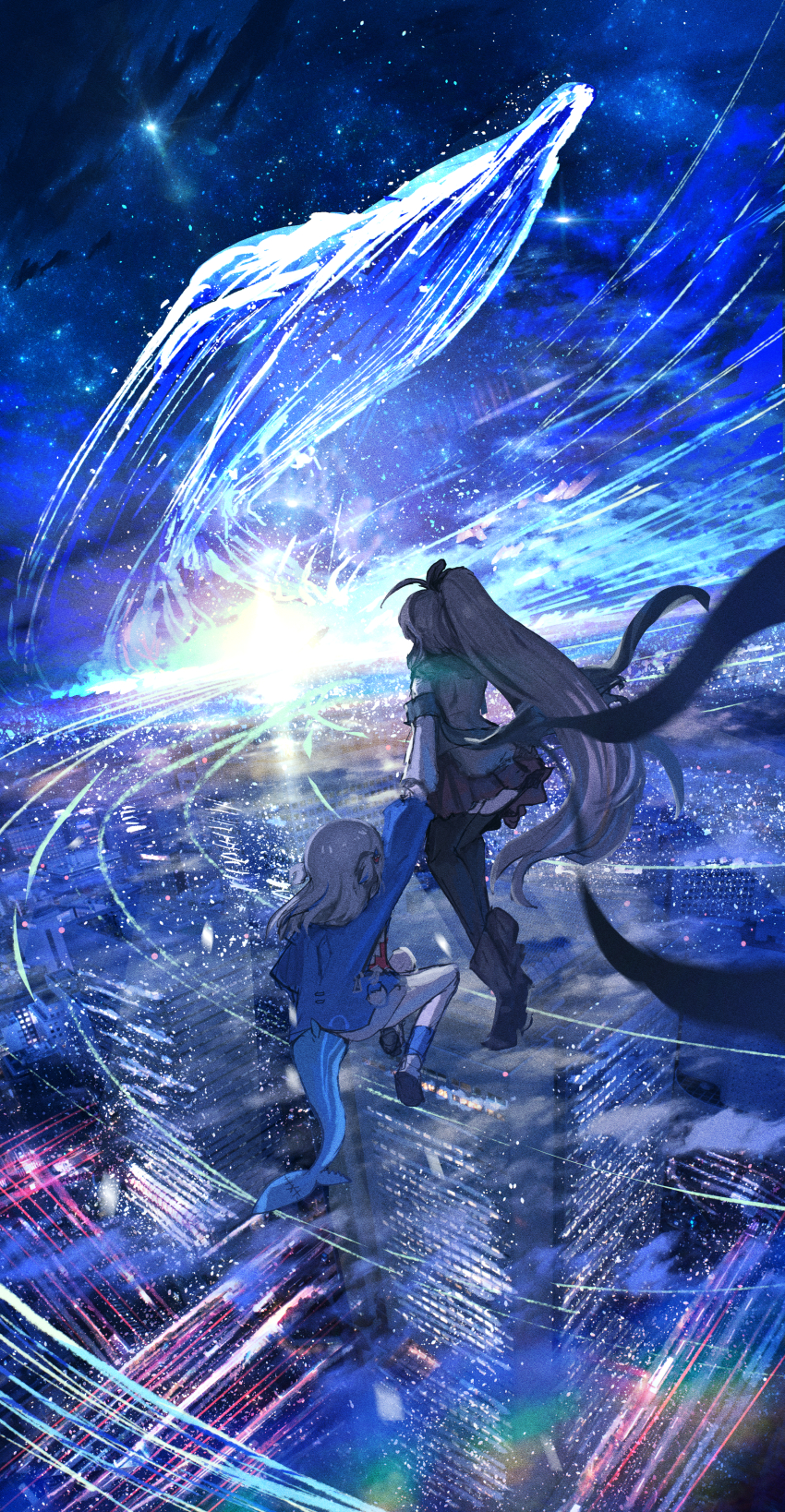 2girls, absurdres, advarcher, animal_costume, animal_hood, black_thighhighs, blue_hoodie, boots