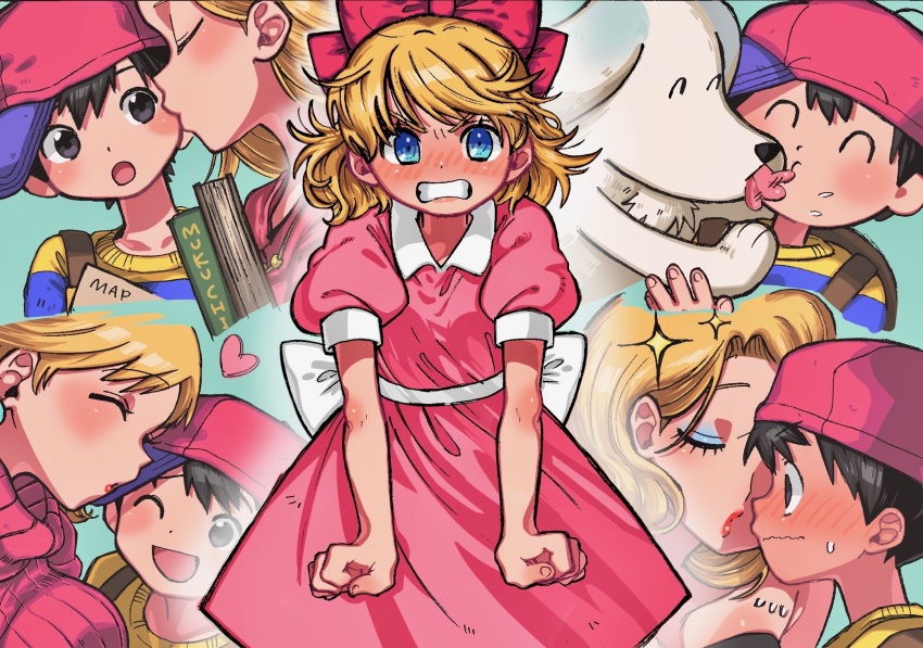 1boy, 4girls, affectionate, angry, backpack, bag, baseball_cap, black_eyes, blonde_hair, blue_eyes, blush, book, bow, breasts, clenched_hand, clenched_teeth, closed_eyes, dog, dress, embarrassed, eyeshadow, hair_bow, hat, heart, highres, imminent_kiss, jealous, king_(mother_2), kiss, kissing_cheek, large_breasts, makeup, mother_(series), mother_2, mother_and_child, mother_and_son, multiple_girls, ness's_mother, ness_(mother_2), nintendo, one_eye_closed, open_mouth, parent_and_child, paula_(mother_2), pink_dress, pink_sweater, red_bow, red_lips, shirt, striped_clothes, striped_shirt, sweater, teeth, tongue, user_zpnu2438, venus_(mother), white_bow