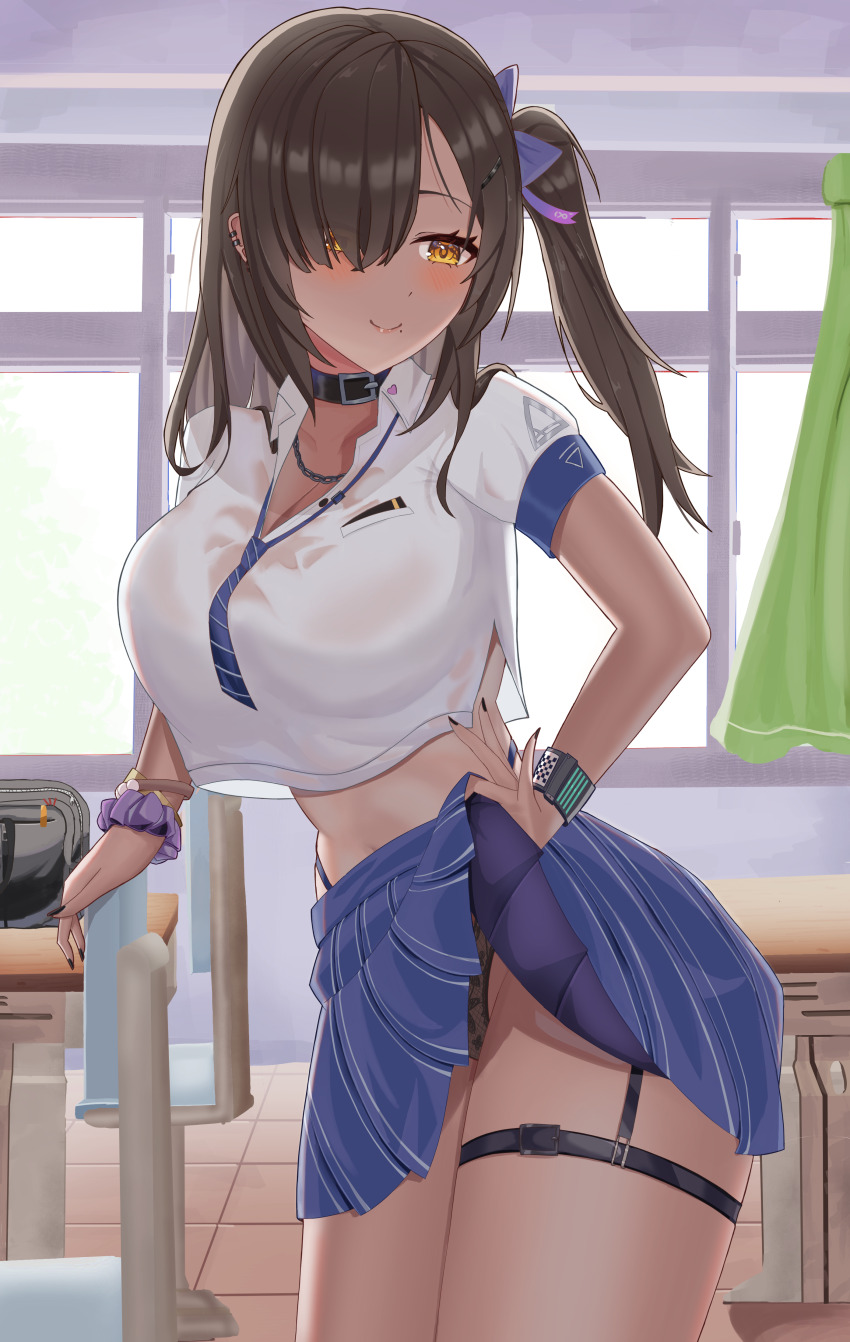 1girl, absurdres, belt_collar, black_panties, blue_necktie, blue_sky, breasts, classroom