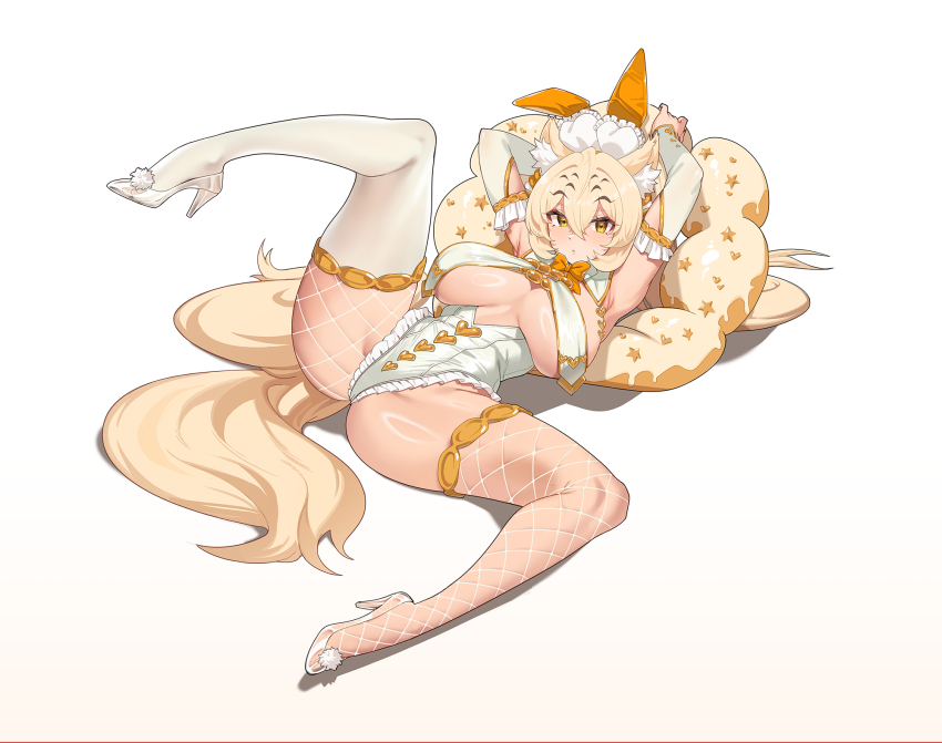 1girl, animal_ear_fluff, animal_ear_headwear, animal_ears, arm_behind_head, arm_cutout, arms_up, asymmetrical_legwear