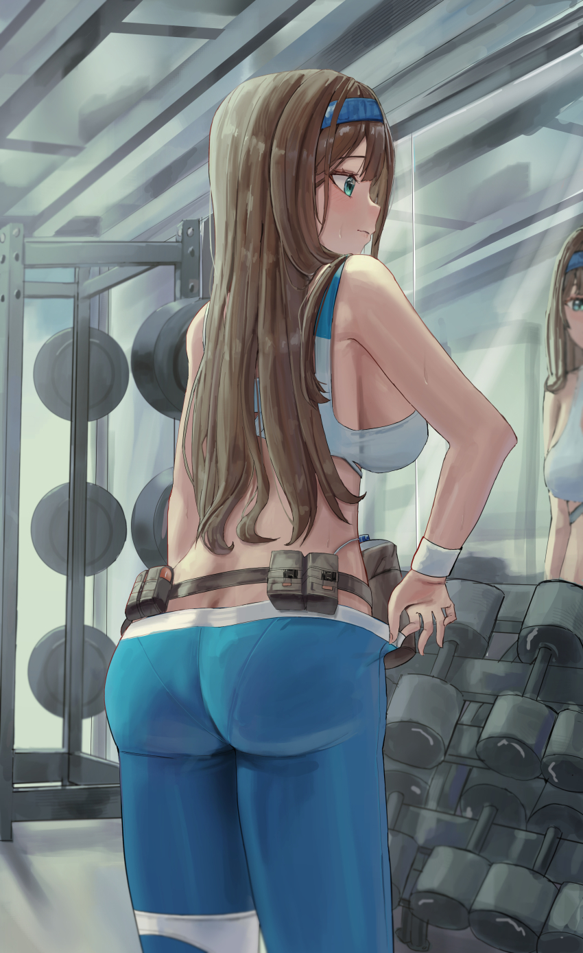 1girl, absurdres, ass, blue_eyes, blue_hairband, blue_pants, breasts, brown_hair