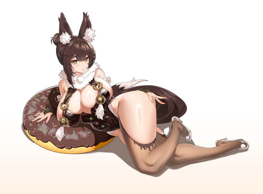 1girl, animal_ear_fluff, animal_ears, arm_behind_back, arm_support, bare_shoulders, bell, breasts