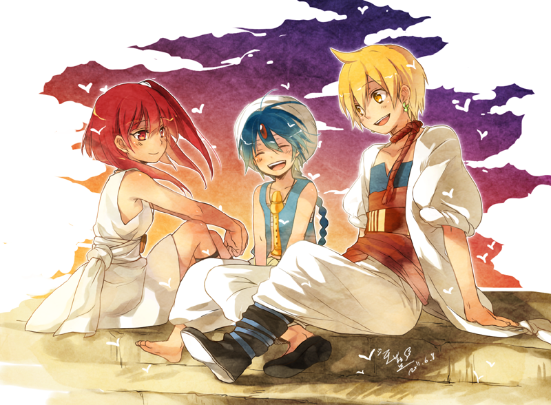 2boys, ^_^, aladdin_(magi), alibaba_saluja, barefoot, blonde_hair, blue_hair, braid