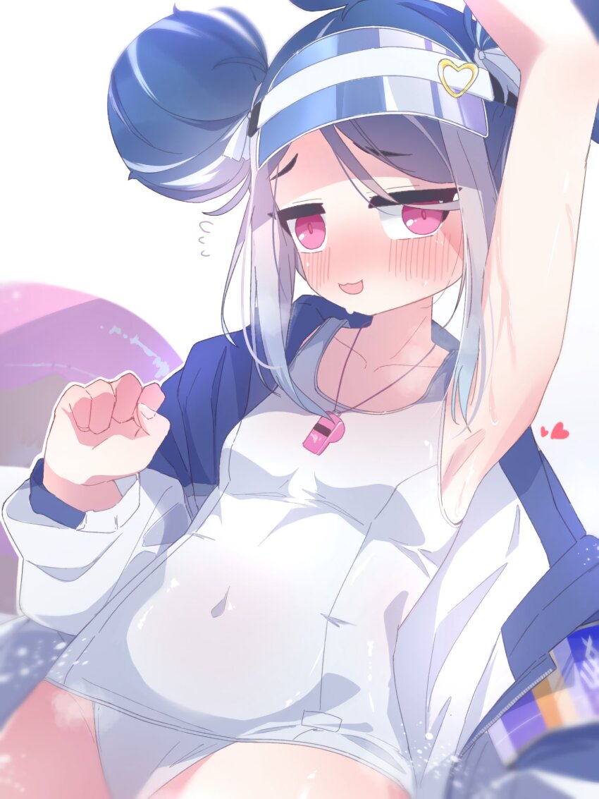1girl, armpits, blue_archive, blush, breasts, commentary, covered_navel, double_bun, fubuki_(blue_archive), fubuki_(swimsuit)_(blue_archive), hair_bun, heart, highres, loli, looking_at_viewer, multicolored_hair, official_alternate_costume, one-piece_swimsuit, open_mouth, pink_eyes, sarutori, school_swimsuit, simple_background, small_breasts, solo, swimsuit, visor_cap, whistle, whistle_around_neck, white_background, white_one-piece_swimsuit