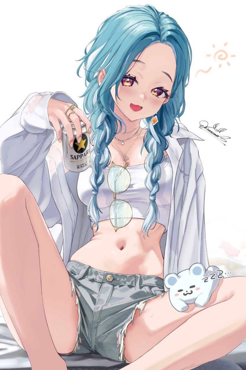 1girl, beer_can, blue_hair, blush, braid, breasts, camisole, can