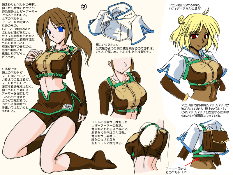 2girls, blue_eyes, breasts, brown_gloves, brown_hair, brown_shirt, brown_shorts, brown_skirt, brown_socks, closed_mouth, commentary_request, cropped_jacket, dark-skinned_female, dark_skin, elbow_gloves, expressionless, fingerless_gloves, full_body, gloves, high_ponytail, hood, hooded_jacket, hunter_(ragnarok_online), jacket, judia, kneeling, long_hair, looking_at_viewer, medium_breasts, midriff, miniskirt, multiple_girls, multiple_views, navel, pointing_out_the_details, ponytail, ragnarok_online, ragnarok_the_animation, red_eyes, shirt, short_shorts, short_sleeves, shorts, shorts_under_skirt, simple_background, skirt, socks, standing, tatsumi_ray, translation_request, white_jacket