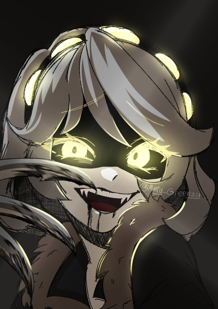 1girl, android, animification, black_jacket, fang, grey_hair, hairband, highres