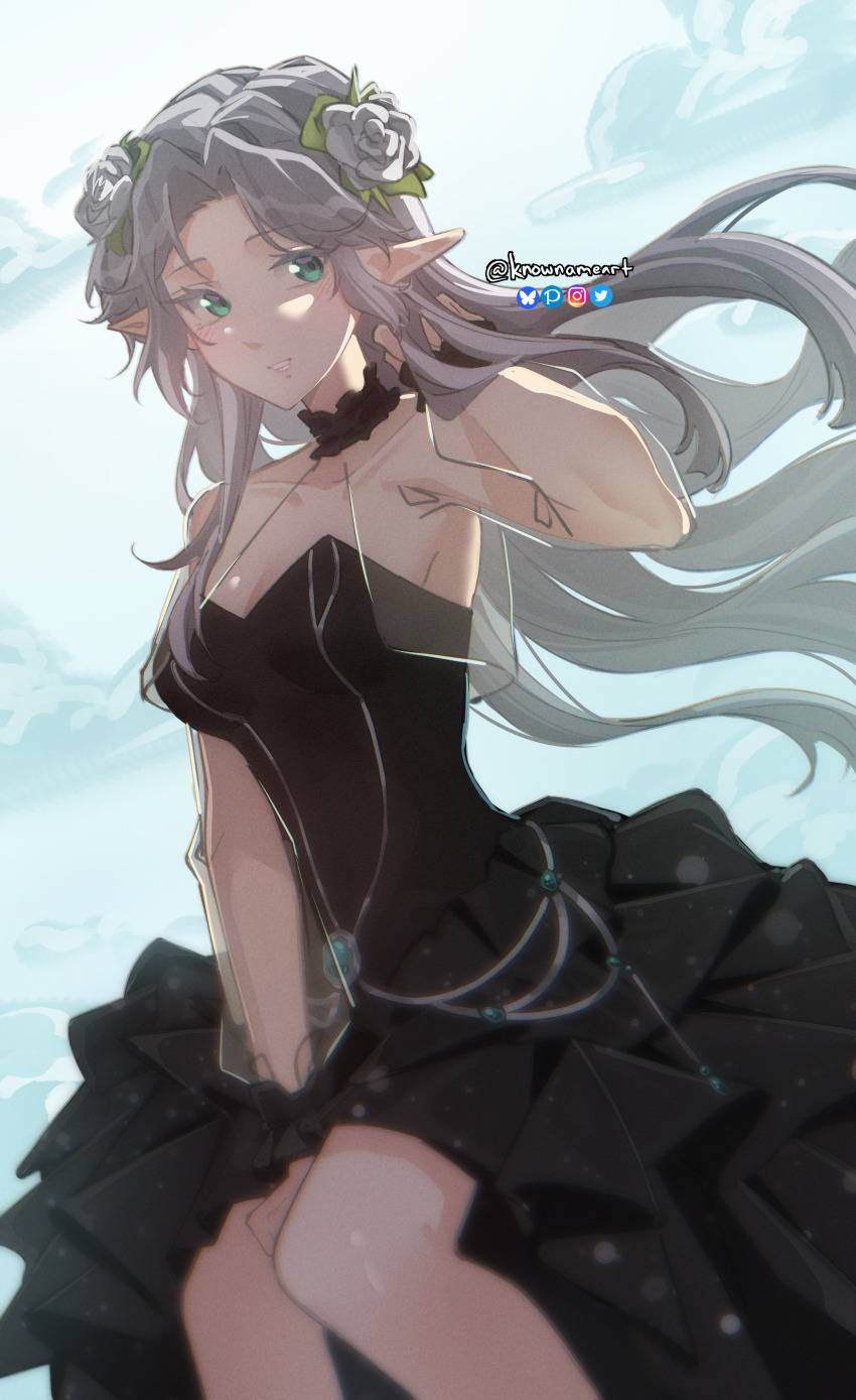 1girl, absurdres, between_legs, black_choker, black_dress, breasts, choker, cleavage, commentary, dress, elf, floating_hair, flower, green_eyes, grey_hair, hair_flower, hair_ornament, hand_between_legs, hand_in_own_hair, hand_up, highres, knowname, large_breasts, leaning_forward, long_hair, looking_at_viewer, outdoors, parted_lips, pointy_ears, see-through_clothes, smile, solo, strapless, strapless_dress, tessia_eralith, the_beginning_after_the_end, twitter_username