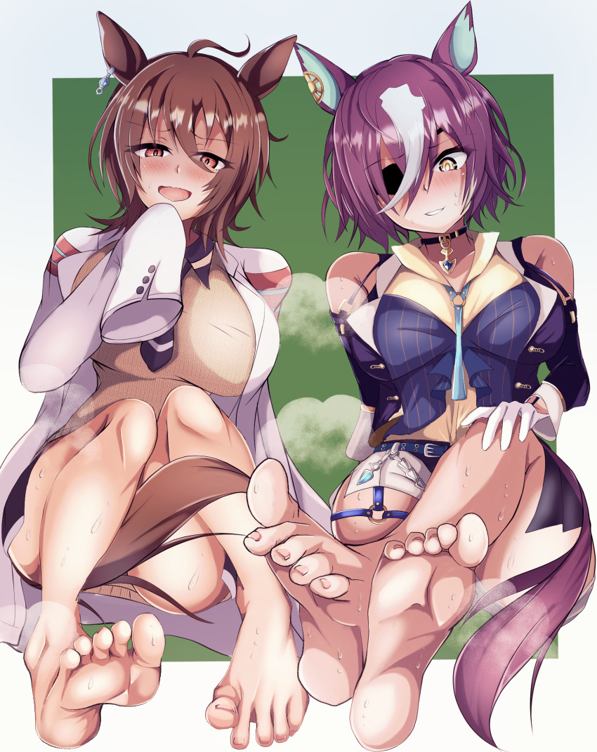 1025ridoru, 2girls, agnes_tachyon_(umamusume), animal_ears, barefoot, blush, brown_hair, eyepatch, feet, hand_on_own_knee, highres, horse_ears, horse_girl, looking_at_viewer, medium_hair, multiple_girls, open_mouth, parted_lips, purple_hair, red_eyes, soles, steam, sweat, tanino_gimlet_(umamusume), toes, umamusume, yellow_eyes