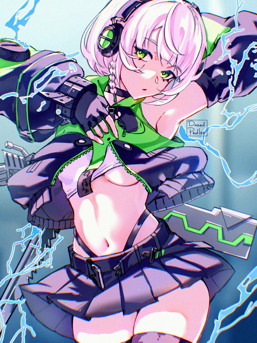 1girl, anby_demara, arm_up, armpits, bare_shoulders, black_choker, black_gloves, black_jacket