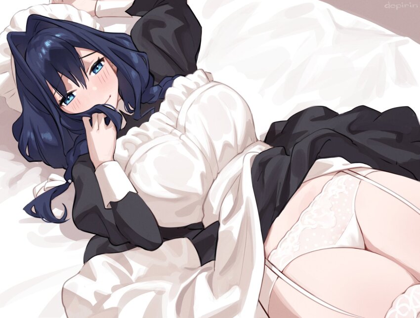 1girl, apron, black_dress, black_hair, blue_eyes, braid, commentary_request, dopirin