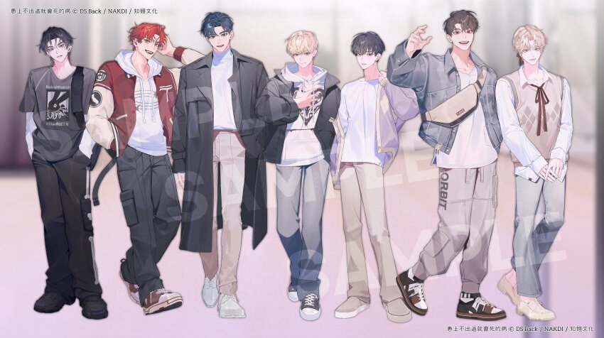 6+boys, absurdres, arm_up, bae_sejin, bag, black_coat, black_hair, black_jacket