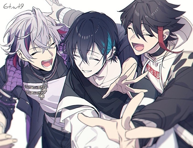 3boys, 6tnut9, :d, ^_^, aqua_hair, belt, belt_buckle, black_choker