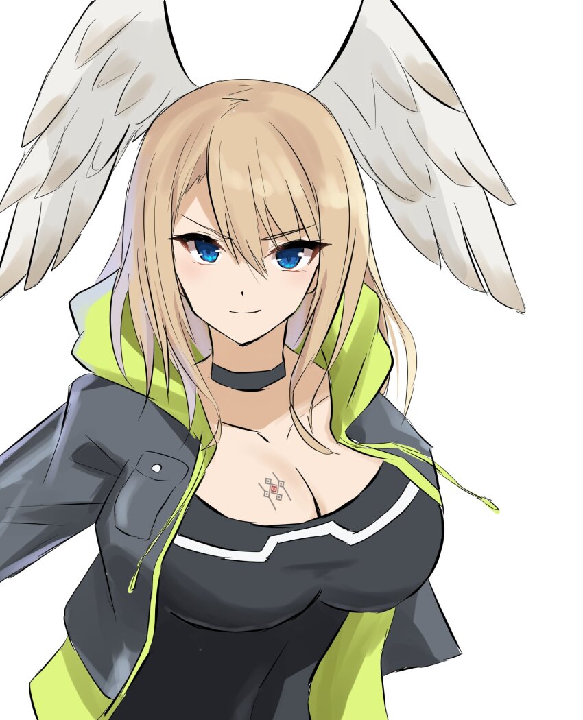 1girl, black_bodysuit, black_choker, black_jacket, blue_eyes, bodysuit, breast_tattoo, breasts