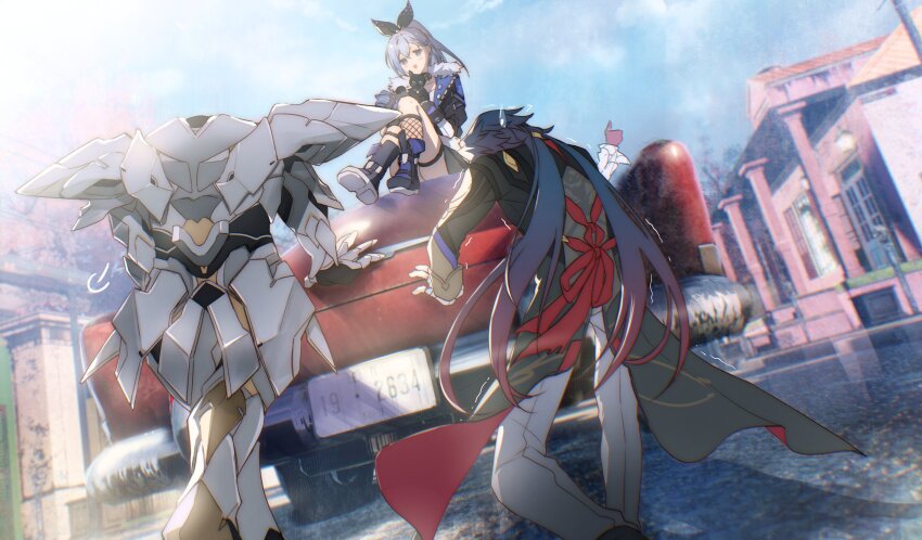 2boys, 3girls, absurdres, armor, black_bow, black_cat, black_coat, black_jacket