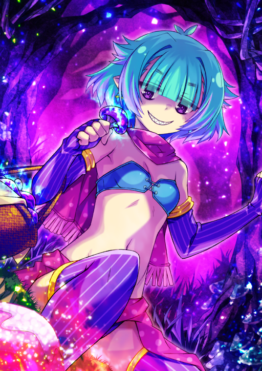 1girl, bandeau, bare_shoulders, basket, black_(artist), blue_bandeau, blunt_bangs, breasts, breasts_apart, center-flap_bangs, dutch_angle, earrings, elbow_gloves, fate/grand_order, fate_(series), feet_out_of_frame, fingerless_gloves, game_cg, gloves, green_hair, grin, hair_over_eyes, hands_up, holding, holding_mushroom, jewelry, light_particles, locusta_(fate), locusta_(final_ascension)_(fate), looking_down, multicolored_hair, mushroom, navel, official_art, outdoors, panties, pink_scarf, pink_skirt, pointy_ears, purple_background, purple_eyes, purple_gloves, purple_hair, purple_panties, purple_thighhighs, revealing_clothes, scarf, sharp_teeth, short_hair, sidelocks, sitting, skirt, small_breasts, smile, solo, stomach, strapless, teeth, thighhighs, third-party_source, two-tone_hair, underwear, variant_set