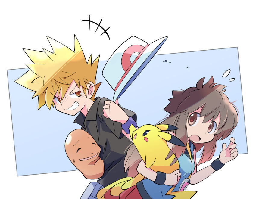 1boy, 1girl, black_shirt, blue_oak, blue_shirt, brown_hair, charmander, clothes_theft