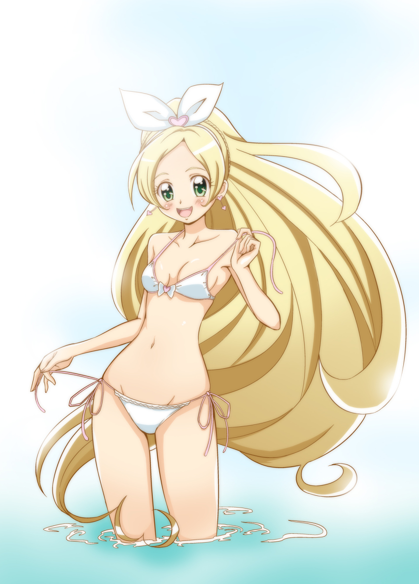 10s, 1girl, :d, bikini, blonde_hair, blush, braid, cure_rhythm