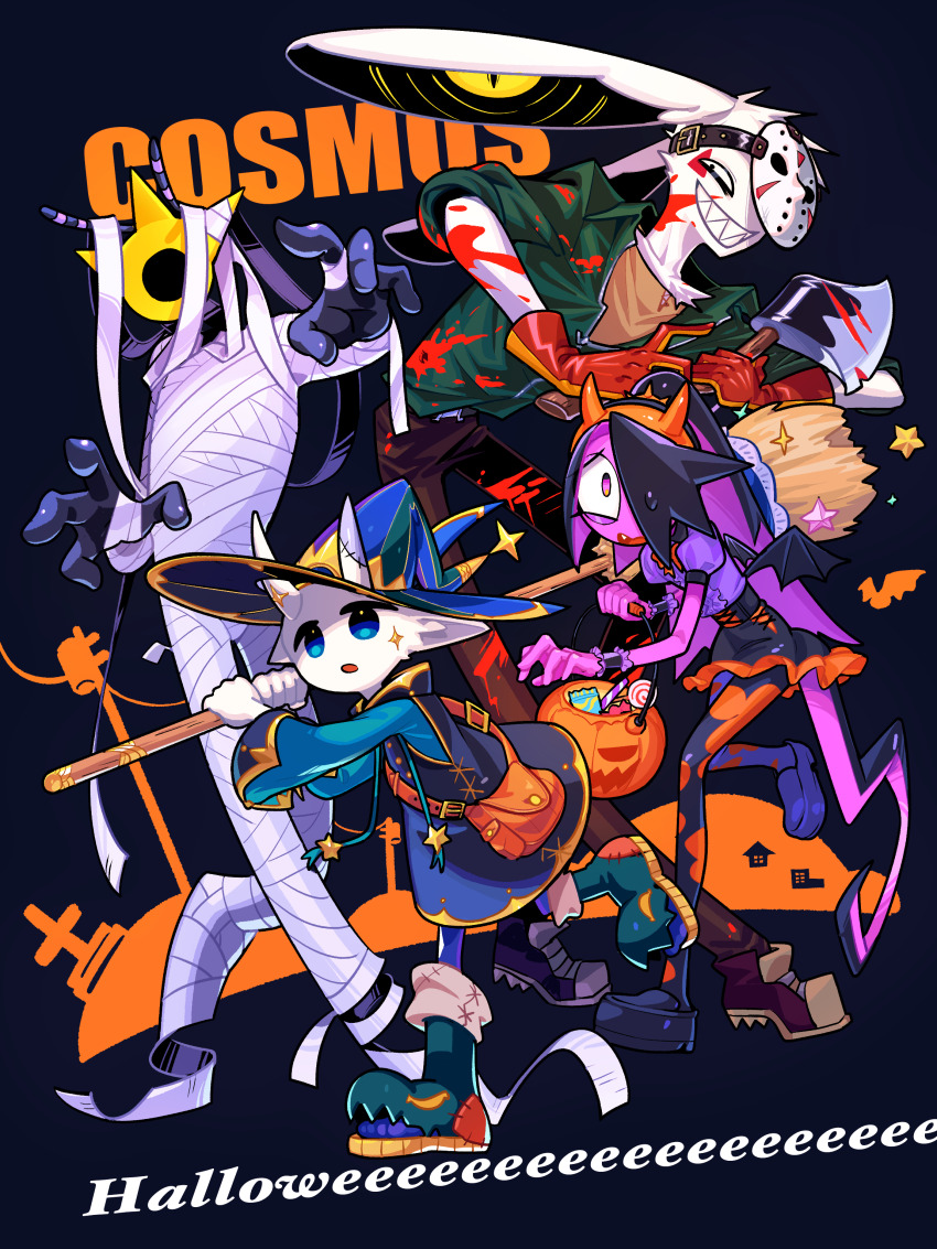 absurdres, animal_ears, antennae, axe, bag, bandages, bat_wings, belt, blood, blue_eyes, broom, buckle, candy, chris_(kana_tera), commentary_request, cross-laced_clothes, cross-laced_skirt, demon_horns, demon_wings, fake_horns, fang, food, gloves, grin, halloween, halloween_bucket, halloween_costume, hat, high-waist_skirt, highres, hockey_mask, holding, holding_axe, holding_broom, horned_headwear, horns, kana_tera, kanatera_k, loafers, looking_at_viewer, lumena_(kana_tera), mask, microskirt, one-eyed, orange_bag, original, purple_eyes, rabbit_ears, red_gloves, regito_(kana_tera), sharp_teeth, shoes, skirt, smile, sol_(kana_tera), star_(symbol), stitches, sweatdrop, teeth, wings, witch_hat