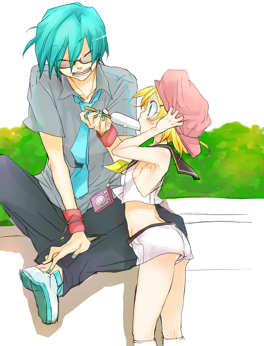 1boy, 1girl, aqua_hair, blonde_hair, breasts, food, genderswap, genderswap_(ftm)