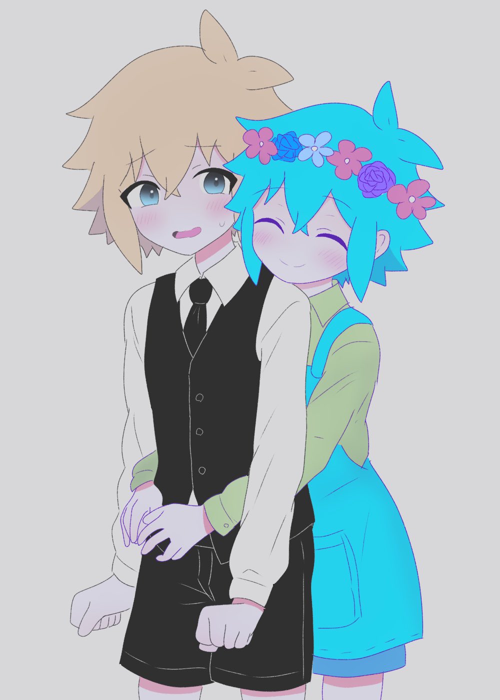 2boys, alternate_costume, antenna_hair, apron, basil_(faraway)_(omori), basil_(headspace)_(omori), basil_(omori), black_necktie