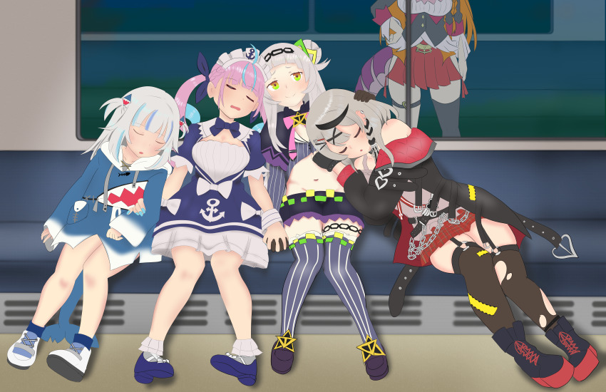 absurdres, black_coat, blue_dress, coat, commentary_request, dress, gawr_gura, gawr_gura_(1st_costume)