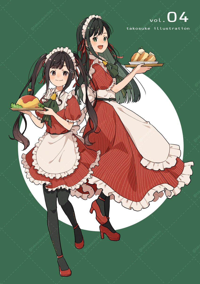 2girls, :d, absurdres, apron, artist_name, back_bow, belt, black_belt