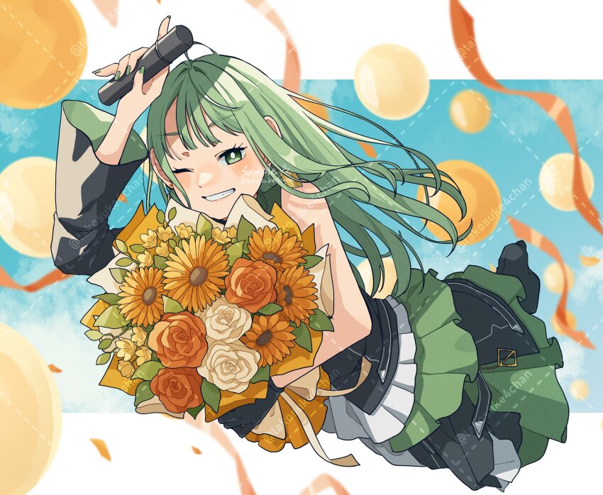 1girl, :d, absurdres, balloon, black_shoes, bouquet, commission, confetti