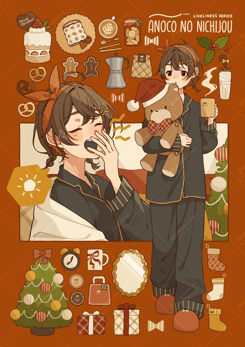 1girl, absurdres, alarm_clock, analog_clock, bag, black_eyes, black_hair, black_pajamas