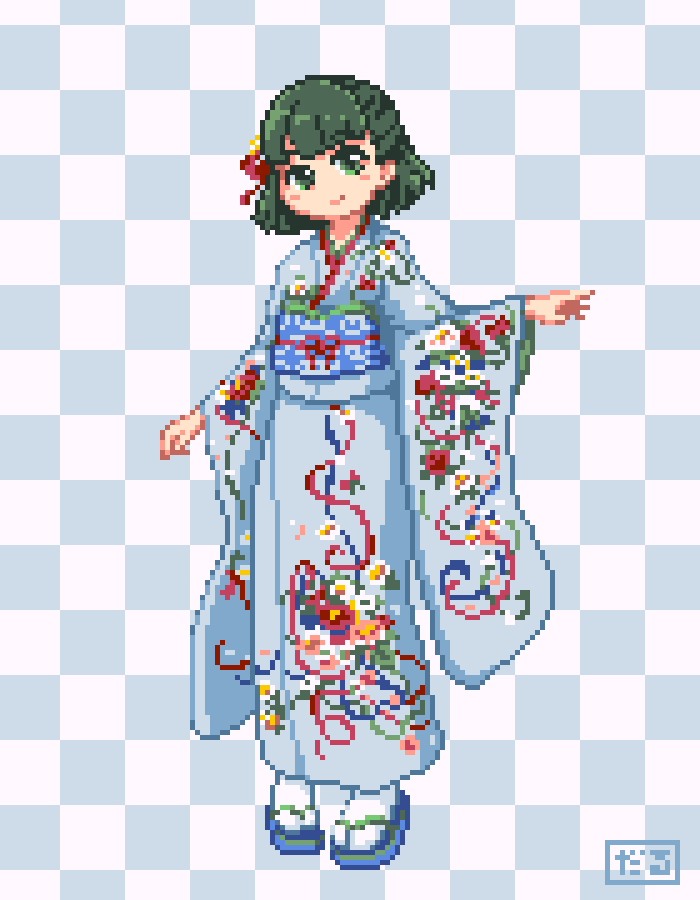 1girl, artist_name, blue_background, blue_kimono, blue_sandals, blue_sash, blunt_bangs, blush_stickers