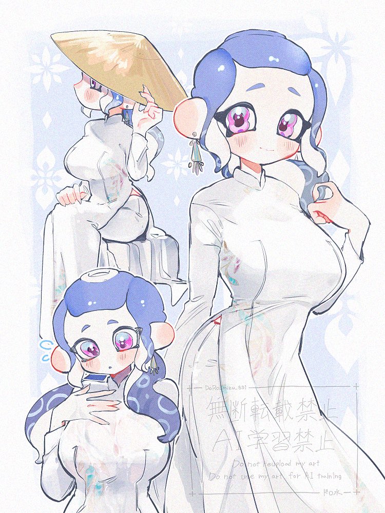 1girl, breasts, doro_mizu_831, dress, earrings, english_text, hand_on_own_chest, japanese_clothes