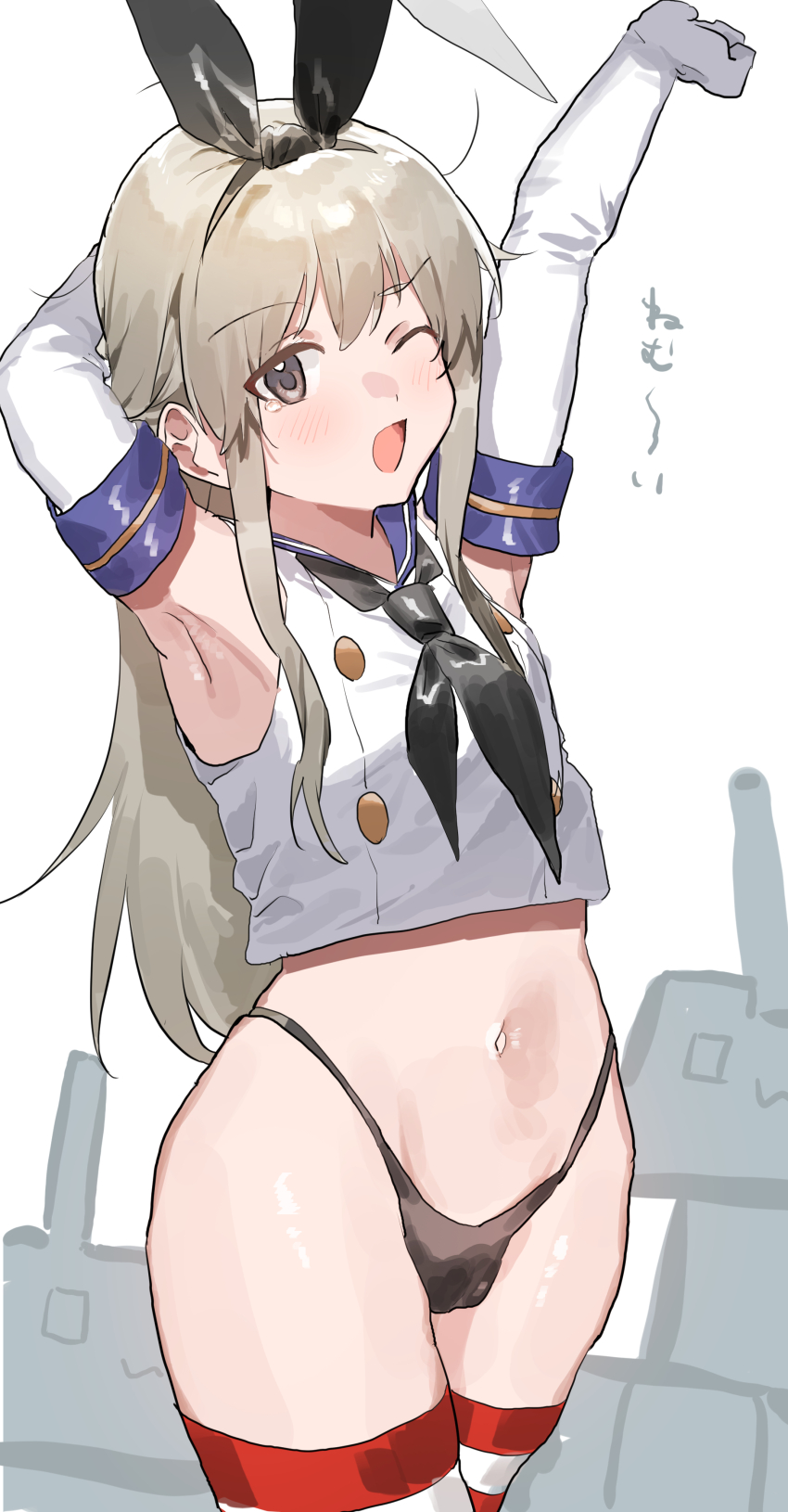 1girl, absurdres, arms_up, black_neckerchief, black_panties, blonde_hair, blush, brown_eyes
