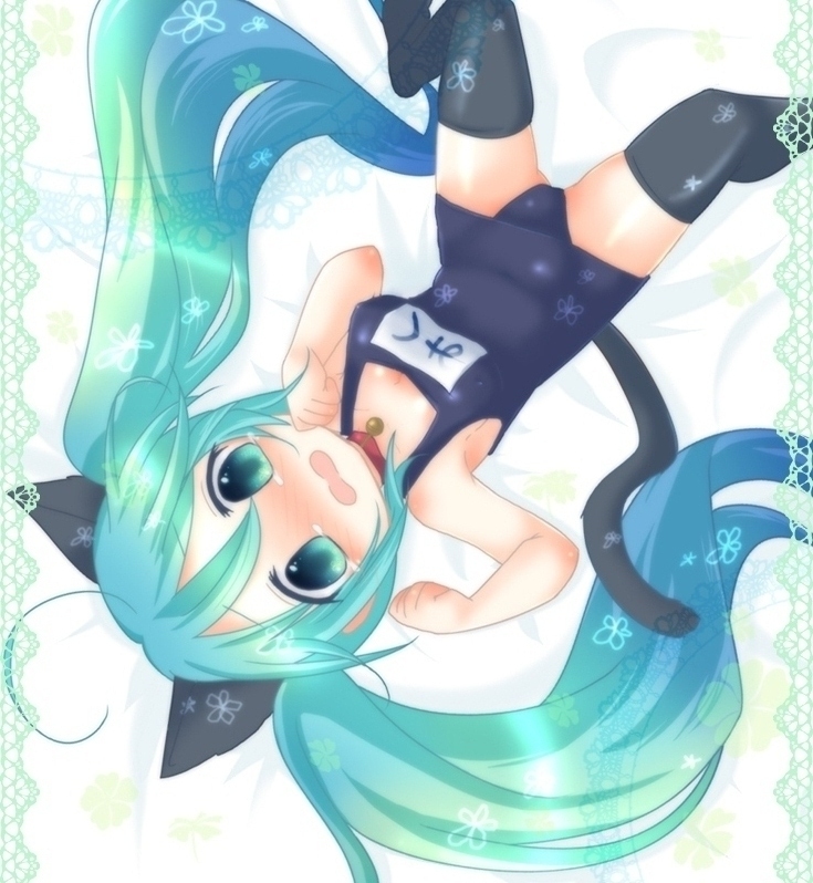 1girl, animal_ears, cat_ears, cat_tail, female_focus, green_eyes, green_hair, hatsune_miku, long_hair, matching_hair/eyes, one-piece_swimsuit, paw_pose, school_swimsuit, solo, swimsuit, tail, tears, thighhighs, twintails, upside-down, vocaloid, y_ojisan